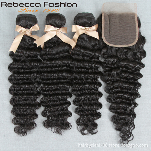 Rebecca hair vendors wholesale 10a grade indian 4x4 raw virgin hair Deep Wave lace closure brazilian human hair